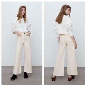 Zara Patch Pocket Wide-Leg Jeans Size 2US 34EUR Ivory Raw Hem High Waist Stretch
